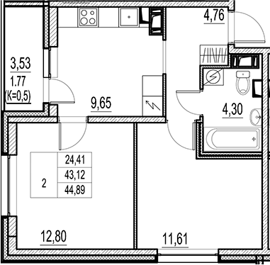 Планировка — Город-спутник Южный, 2-комн., 43 м²