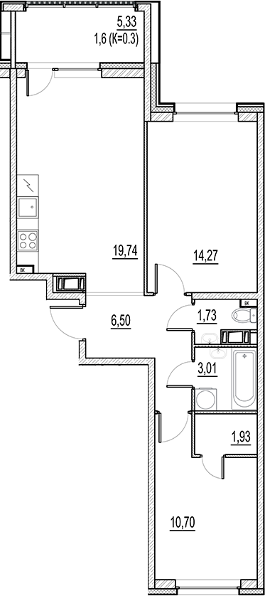 Планировка — Город-спутник Южный, 3-комн., 58 м²