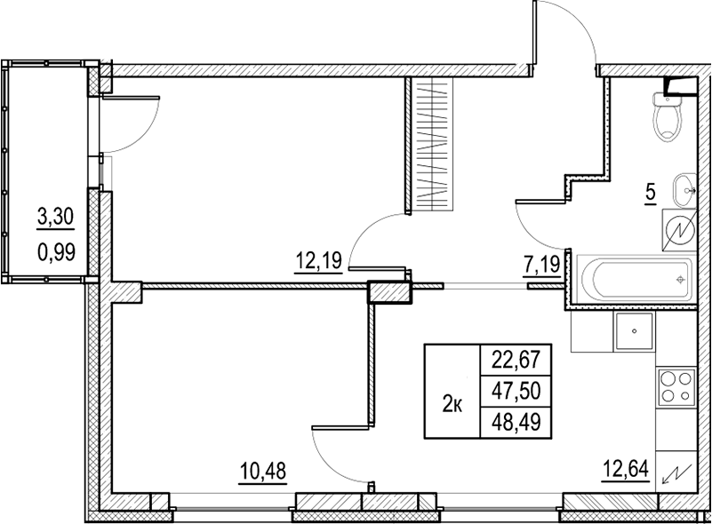 Планировка — Город-спутник Южный, 2-комн., 48 м²