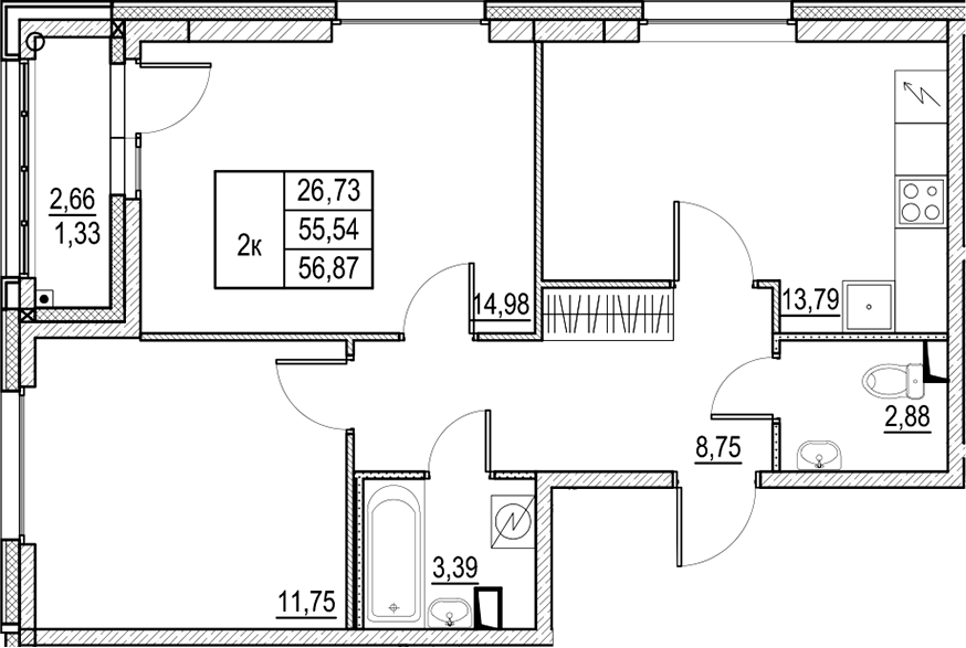 Планировка — Город-спутник Южный, 2-комн., 56 м²
