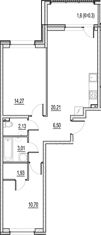 Планировка — Город-спутник Южный, 3-комн., 59 м²