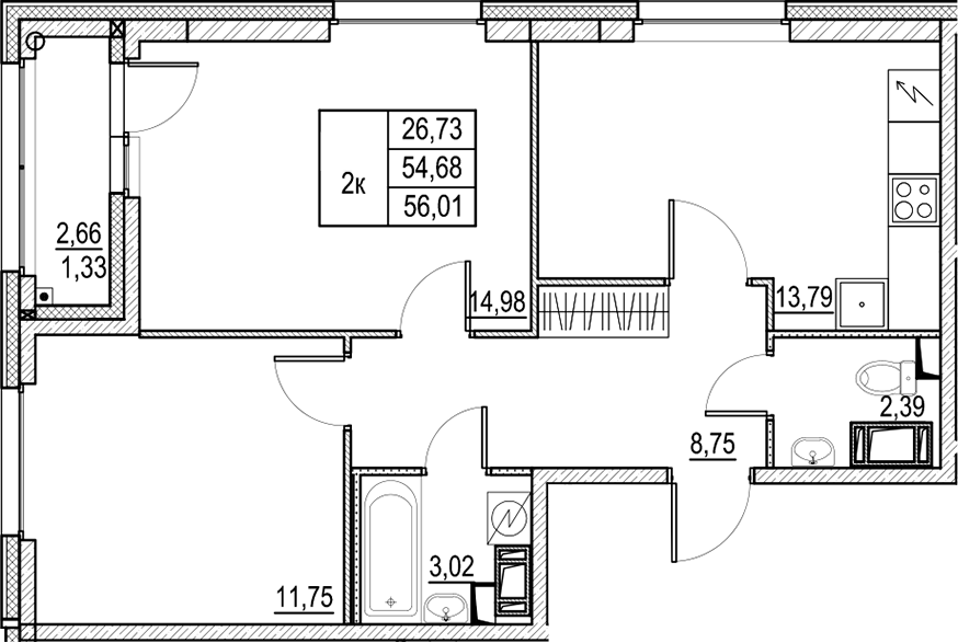 Планировка — Город-спутник Южный, 2-комн., 55 м²