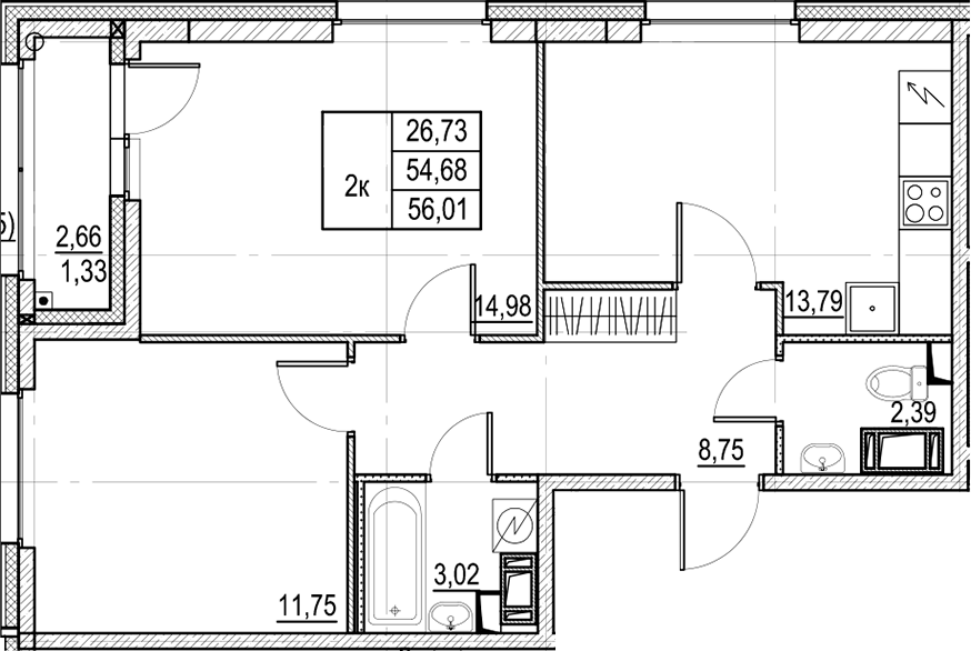 Планировка — Город-спутник Южный, 2-комн., 55 м²
