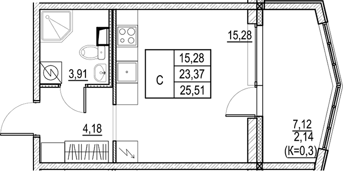 Планировка — Город-спутник Южный, Студия, 23 м²
