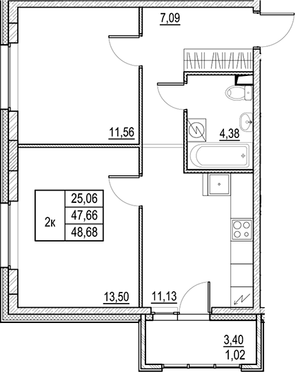 Планировка — Город-спутник Южный, 2-комн., 48 м²