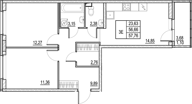Планировка — Город-спутник Южный, 2-комн., 57 м²