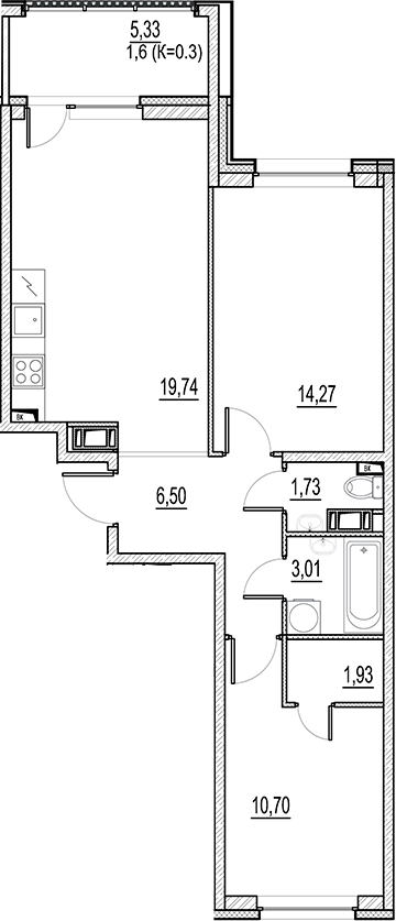 Планировка — Город-спутник Южный, 3-комн., 58 м²