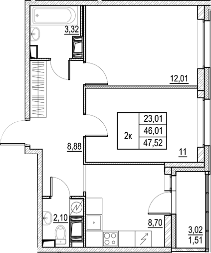 Планировка — Город-спутник Южный, 2-комн., 46 м²