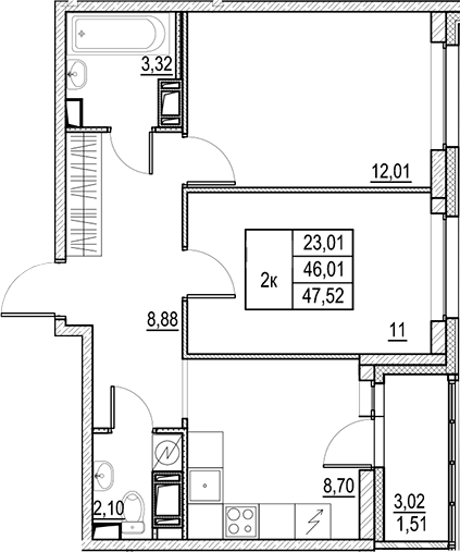 Планировка — Город-спутник Южный, 2-комн., 46 м²