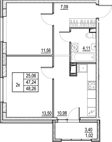 Планировка — Город-спутник Южный, 2-комн., 47 м²