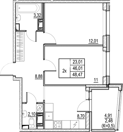 Планировка — Город-спутник Южный, 2-комн., 46 м²