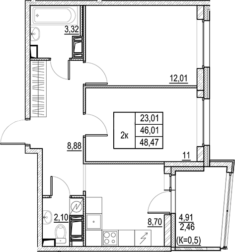 Планировка — Город-спутник Южный, 2-комн., 46 м²