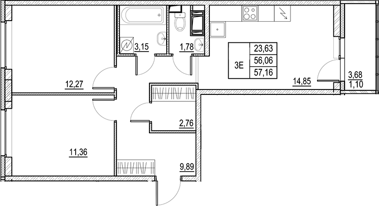 Планировка — Город-спутник Южный, 2-комн., 56 м²