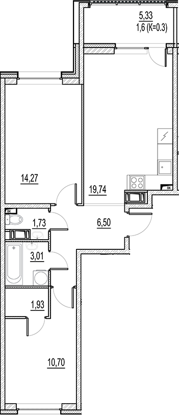 Планировка — Город-спутник Южный, 3-комн., 58 м²