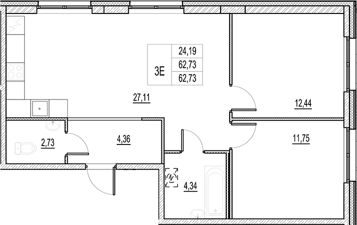 Планировка — Город-спутник Южный, 3-комн., 63 м²