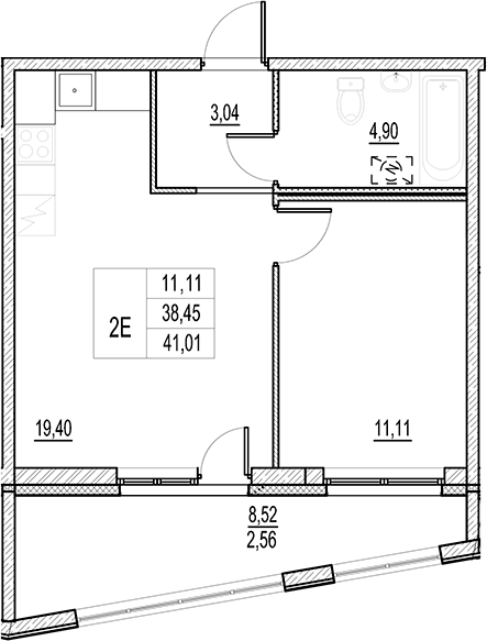Планировка — Город-спутник Южный, 2-комн., 38 м²