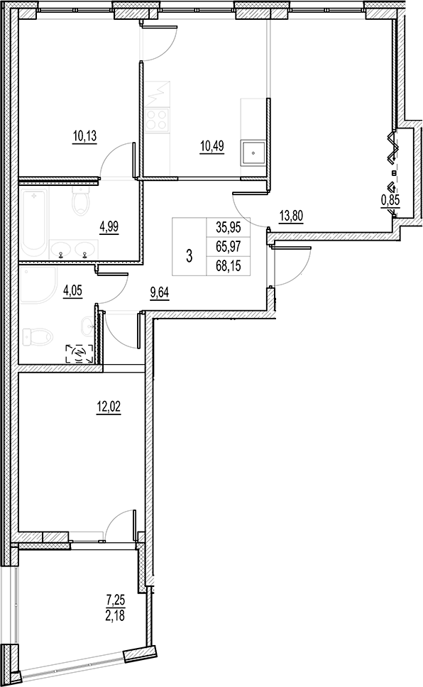 Планировка — Город-спутник Южный, 3-комн., 66 м²