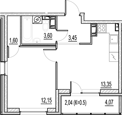 Планировка — Город-спутник Южный, 1-комн., 34 м²