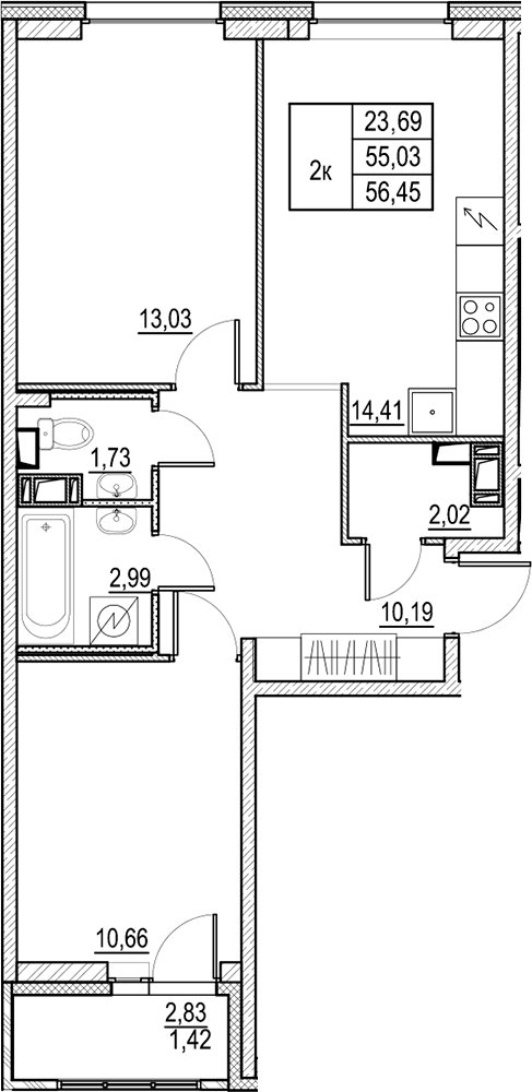 Планировка — Город-спутник Южный, 2-комн., 55 м²