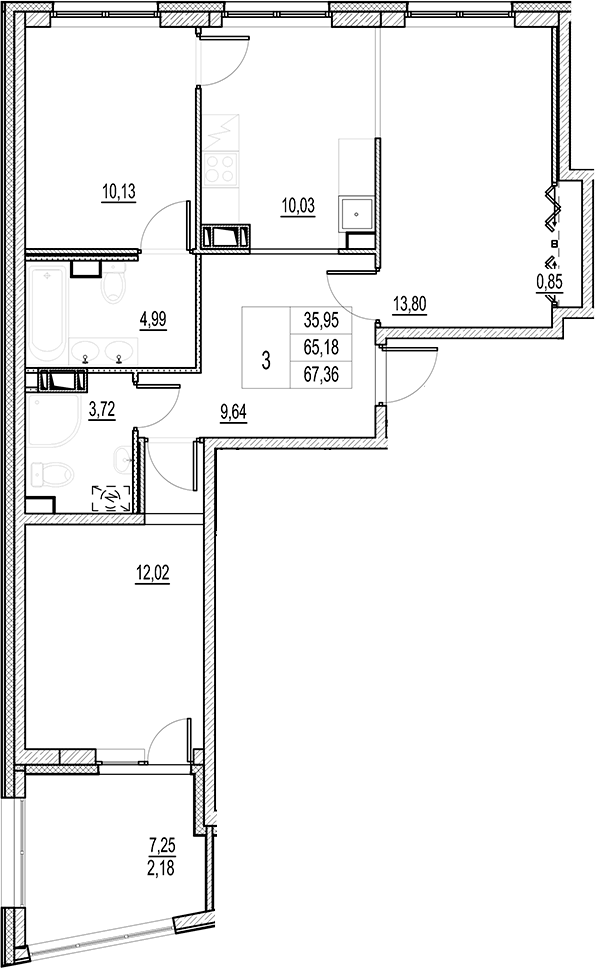 Планировка — Город-спутник Южный, 3-комн., 65 м²
