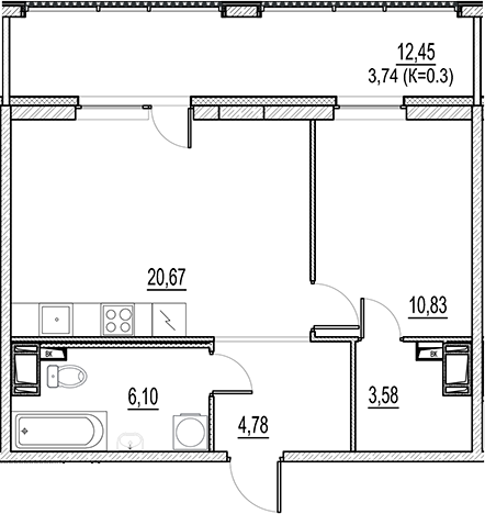 Планировка — Город-спутник Южный, 2-комн., 46 м²