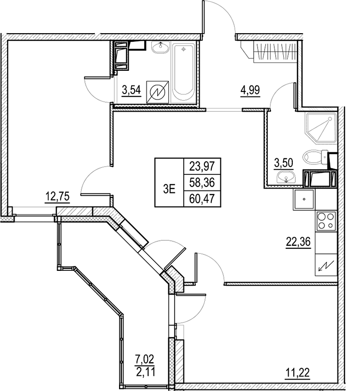 Планировка — Город-спутник Южный, 3-комн., 58 м²