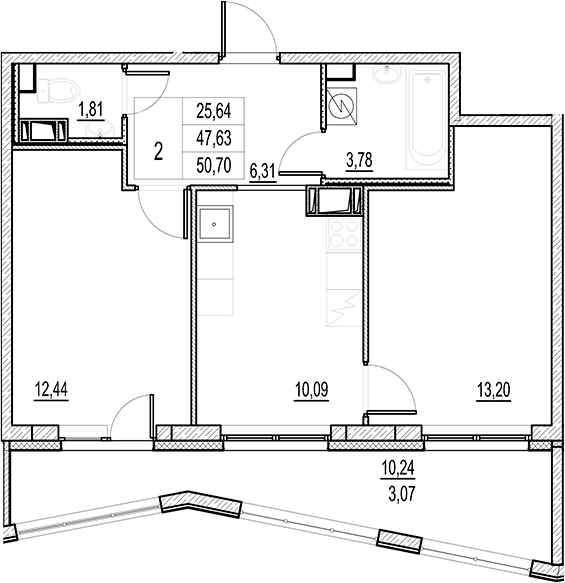 Планировка — Город-спутник Южный, 2-комн., 48 м²