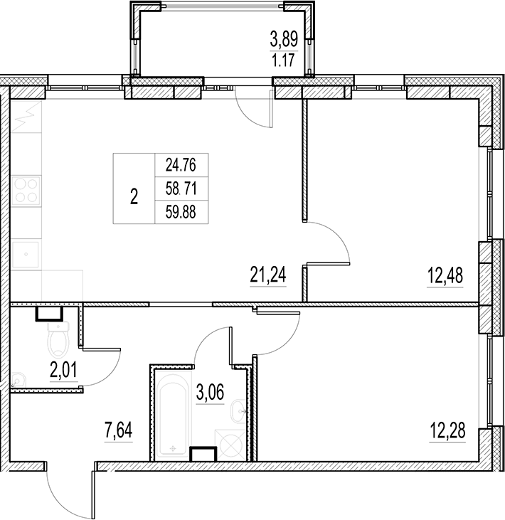 Планировка — Город-спутник Южный, 3-комн., 59 м²