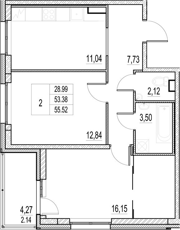 Планировка — Город-спутник Южный, 2-комн., 53 м²