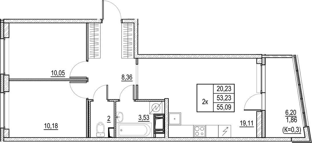 Планировка — Город-спутник Южный, 3-комн., 53 м²