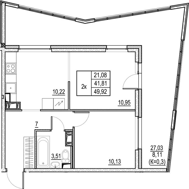 Планировка — Город-спутник Южный, 2-комн., 42 м²