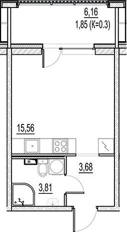 Планировка — Город-спутник Южный, Студия, 23 м²