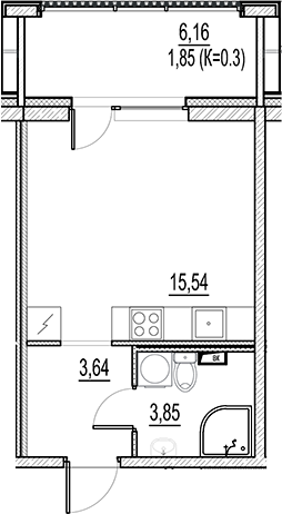 Планировка — Город-спутник Южный, Студия, 23 м²