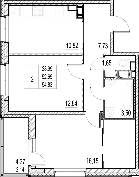 Планировка — Город-спутник Южный, 2-комн., 53 м²