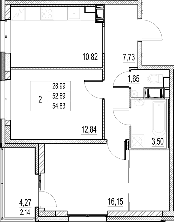 Планировка — Город-спутник Южный, 2-комн., 53 м²