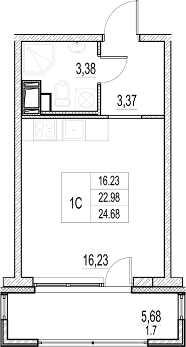 Планировка — Город-спутник Южный, Студия, 23 м²