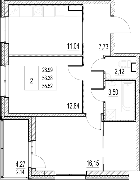 Планировка — Город-спутник Южный, 2-комн., 53 м²