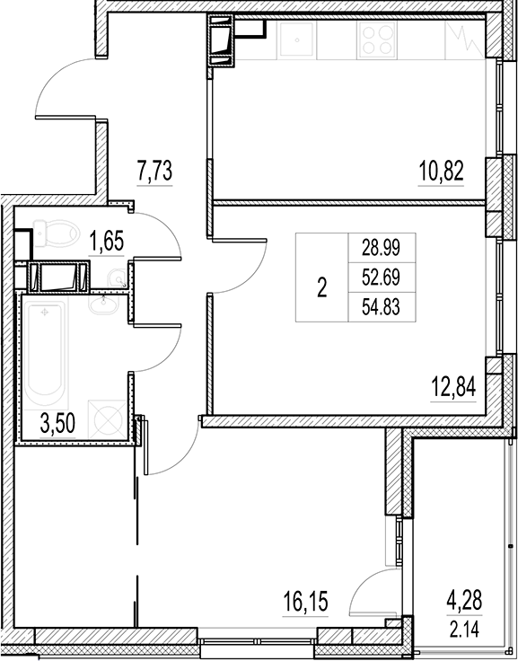 Планировка — Город-спутник Южный, 2-комн., 53 м²