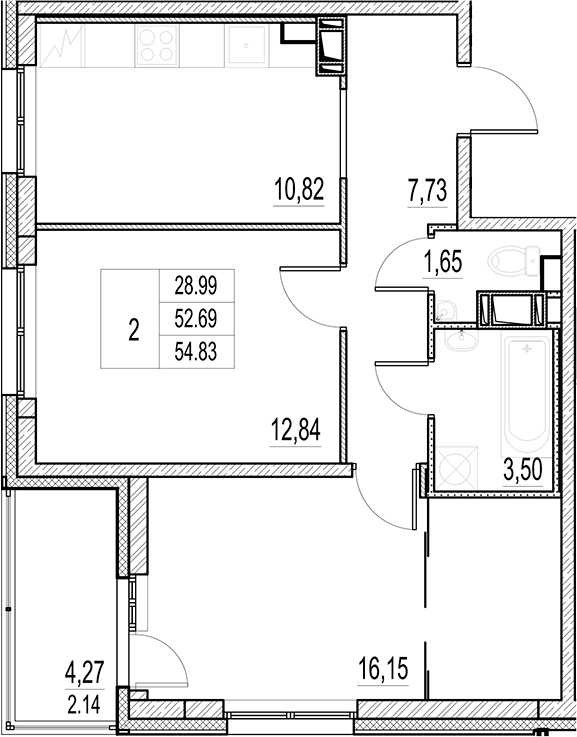 Планировка — Город-спутник Южный, 2-комн., 53 м²