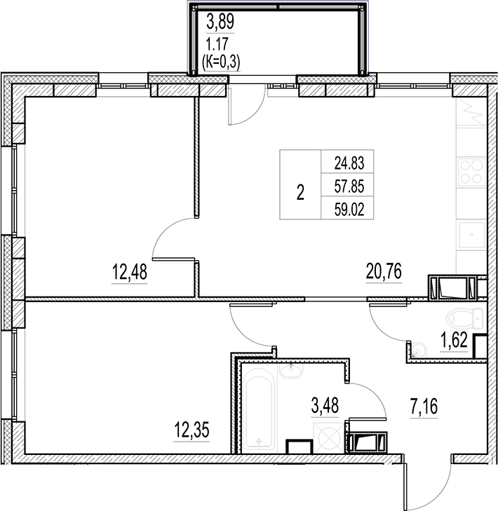 Планировка — Город-спутник Южный, 3-комн., 58 м²
