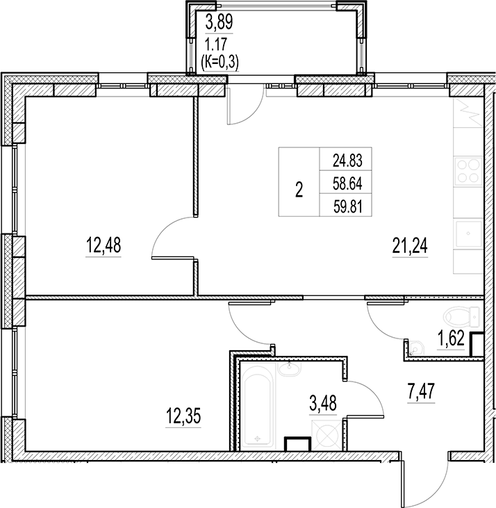Планировка — Город-спутник Южный, 3-комн., 59 м²