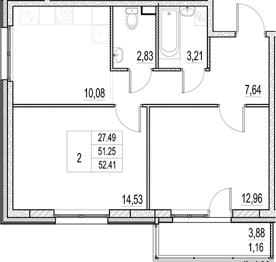 Планировка — Город-спутник Южный, 2-комн., 51 м²