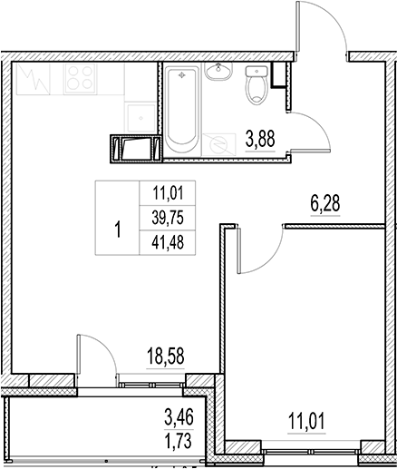 Планировка — Город-спутник Южный, 2-комн., 40 м²