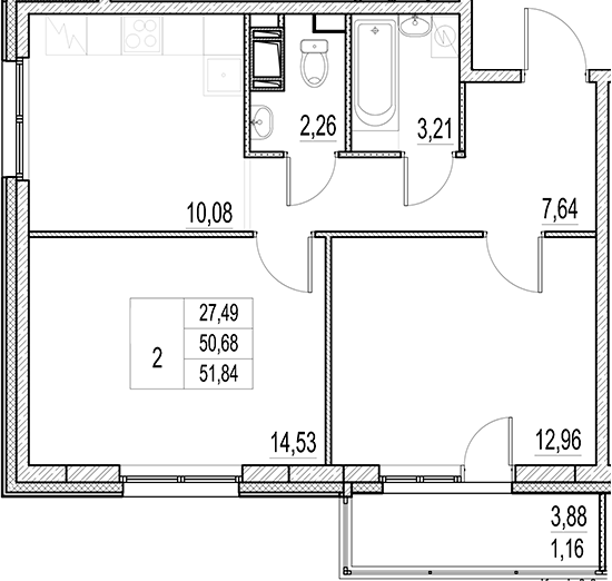 Планировка — Город-спутник Южный, 2-комн., 51 м²