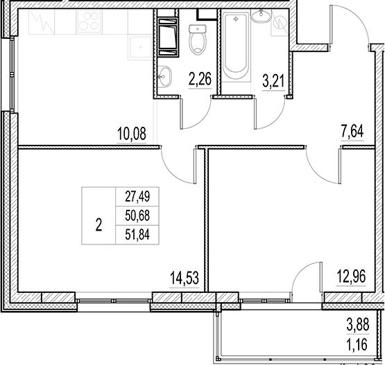 Планировка — Город-спутник Южный, 2-комн., 51 м²