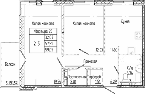 Планировка — Арт Парк, 2-комн., 58 м²