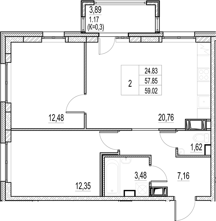 Планировка — Город-спутник Южный, 3-комн., 58 м²