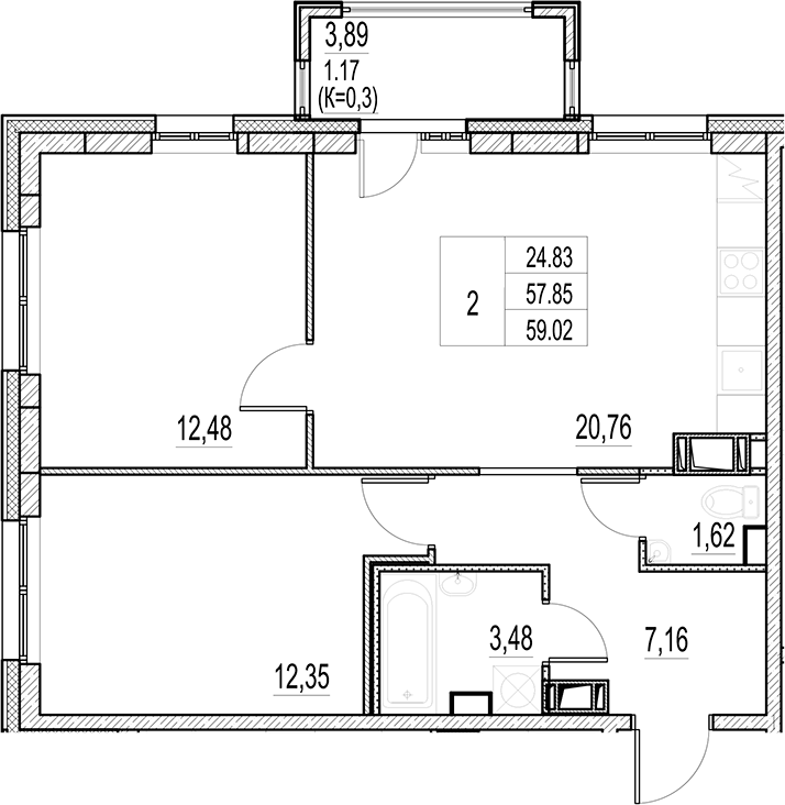 Планировка — Город-спутник Южный, 3-комн., 58 м²
