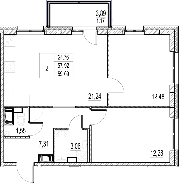 Планировка — Город-спутник Южный, 3-комн., 58 м²