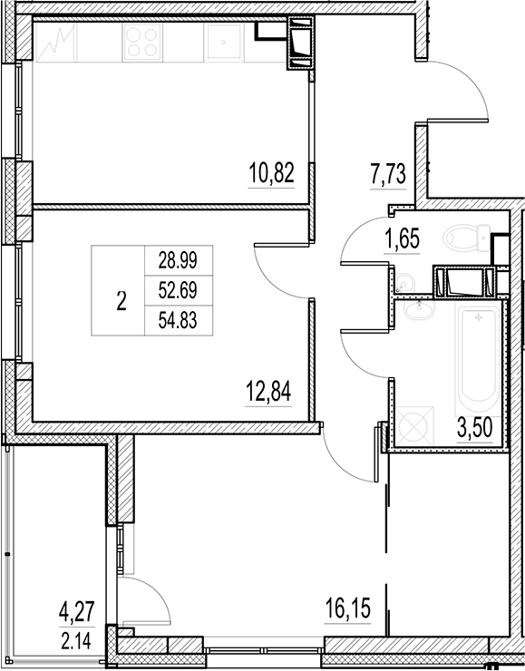 Планировка — Город-спутник Южный, 2-комн., 53 м²